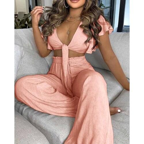 New Summer Women Fashion 2 Piece Set Front Knot Ruffle Short Sleeve Crop Top And High Waist Wide Leg Pants Two Piece Outfits