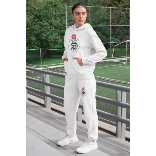 Angemiel Wear Spirit Of Soul Women Tracksuit Set White Hooded Sweatshirt White Sweatpants