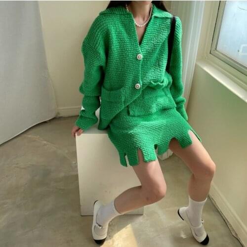 Chic Elegant V Neck Long Sleeve Loose Cardigans Top + Irregular Mini Skirt Streetwear Two Pieces Knitting Suits Set For Women