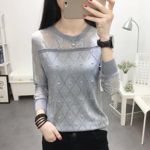 Women Elegant Hollow Out Lace Thin Sweaters Autumn Patchwork Long Sleeve Knitted Pullover Vintage O Neck Solid Streetwear Jumper