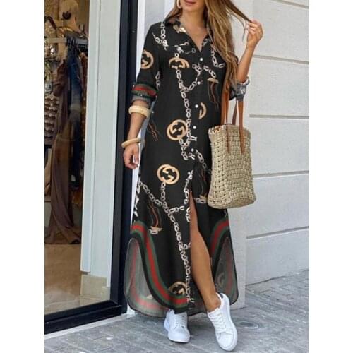 Women Turn-Down Collar Shirt Long Dress Summer Button Chain Print Dress Casual Autumn Long Sleeve Beach Maxi Dress