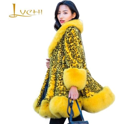 LVCHI Winter 2019 Real Mink Fur Coats Womens With Fox Fur Collar Nine Quarter Coat Long Full Pelt Causal Leopard Mink Coats