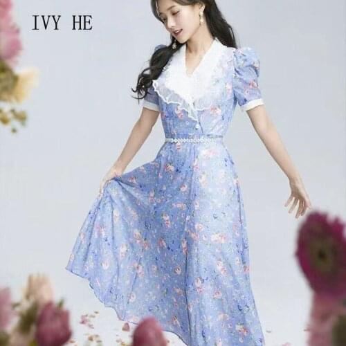 IVY HE High Quality Summer Dress Woman Clothing Fashion French Blue Flower Midi Long Dress Traf Robe ZA Vintage Party Dresses