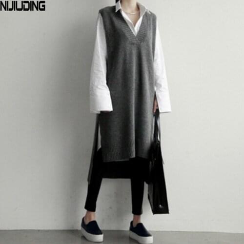 NIJIUDING Knitted Vest Women Casual V Neck Sleeveless Autumn Winter New Knitwear Tops High Waist Solid Mid-length Sweater Dress