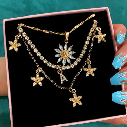 Golden Multi layered Crystal Initials Letter Pendants Tennis Choker Bling Crystal Metal Flowers Charms Necklaces Jewelry Gifts