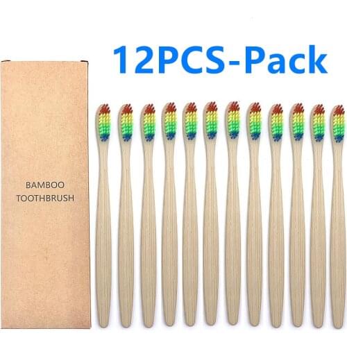 12 Pcs Bamboo Toothbrush Eco-Friendly Product Vegan Tooth Brush Rainbow Black Wooden Soft Fibre Adults Travel Set For Oral Care