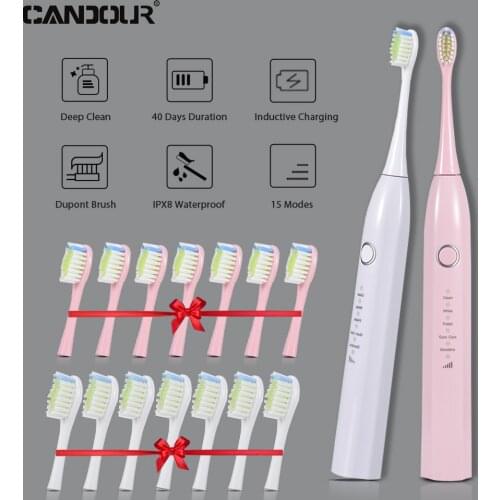 CANDOUR sonic electric toothbrush IPX8 Waterproof Tooth brush USB Rechargeable Ultrasonic automatic 15 Mode with Travel case