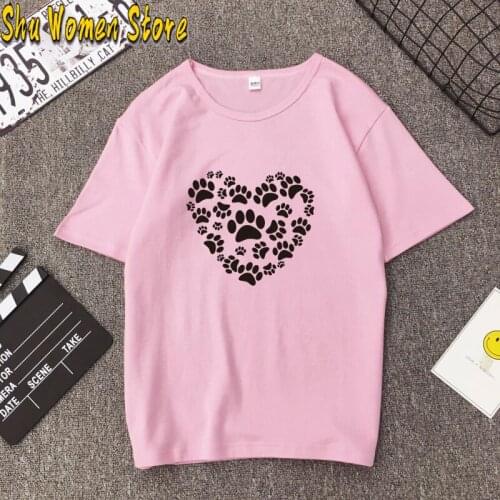 Dog Cat Paw Heart Love Aniaml Harajuku T Shirt Funny Teeshirt Women Clothing Short Sleeve Cotton Tops Tees DropShipping