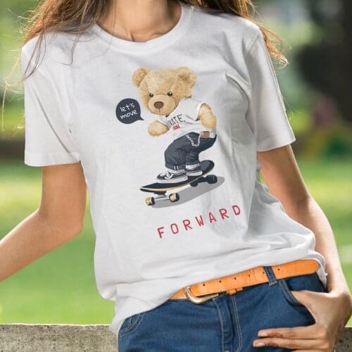 BLINGPAW Graphic T Shirts Cute Teddy Bear Forward Letter Print T-shirt White Cotton Unisex Tees Summer Custom Tee Shirts