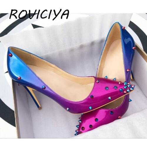 Gradient color blue rivet 12cm high heeled lady pumps shallow pointed toe woman party wedding shoes 10cm 8cm MD015 ROVICIYA