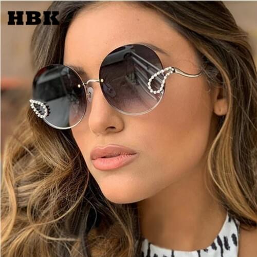 HBK Luxury Rhinestone Sunglasses Women Frameless 2021 Italy Brand Designer Rimless Vintage Round Big Sun Glasses Men UV400