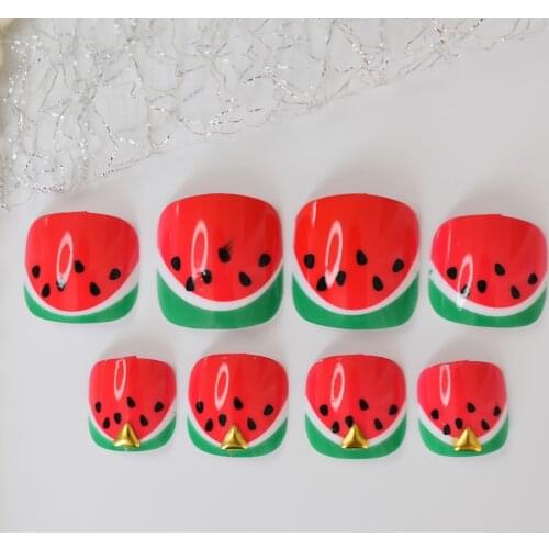 Summer Red Watermelon Green French False Toe Nails Glossy Bright Rivet Square Short Full Cover Fake ToeNails for Women and Girls