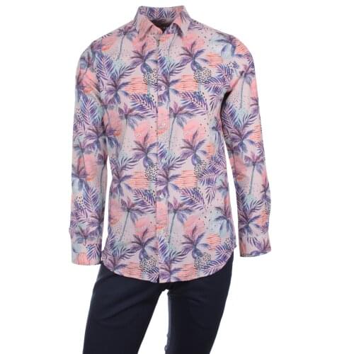 Gentilbay Mens Hawaiian Jungles Printed Pink Slimfit Long-Sleeve Sport Shirt DPD144