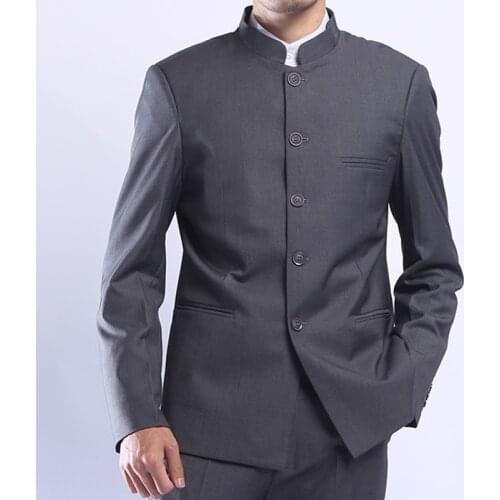 TPSAADE Mens Grey Tunic Suit Jacket Mandarin Collar Single Breasted Chinese Traditional Style Stand Collar Kung Fu Coat