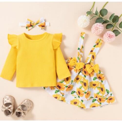 3 Pcs Girls Autumn Casual Clothes Set Solid Color Fly Sleeves Knitted Pullover + Floral Printed Suspender Skirt + Bow Headband