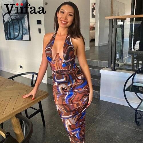 Viifaa Halter Neck Sexy Bodycon Midi Night Dress Women Multicolor Y2K Clothes Summer Party Ruched Backless Dresses
