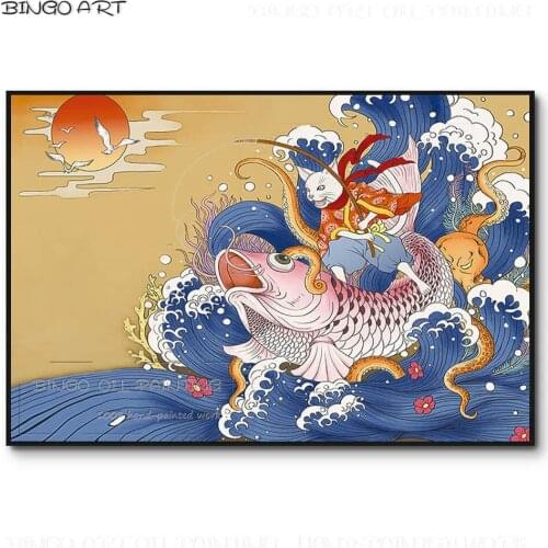 Gifted Artist Hand-painted High Quality Fine Art Special Cat Fishing Oil Painting on Canvas Japanese Style Fishing Oil Painting