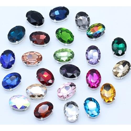 All-size Oval 24-colors glass crystal stone sew on claw rhinestone silver base button for DIY shoes headdress Wedding dress Trim