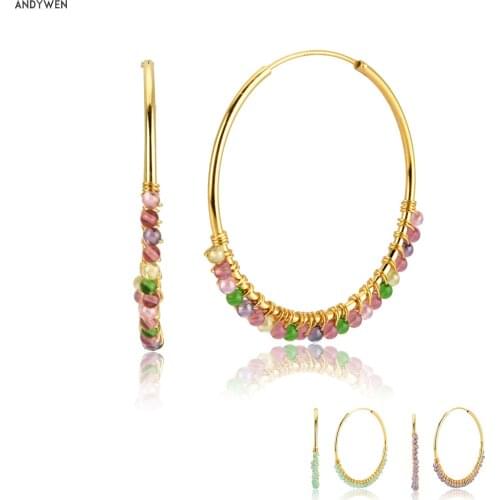 ANDYWEN 925 Sterling Silver 40mm Multi Colorful Rainbow Hoops Moonstone Pendant Luxury 2020 Fashion Hollow Jewelry Loops Huggies