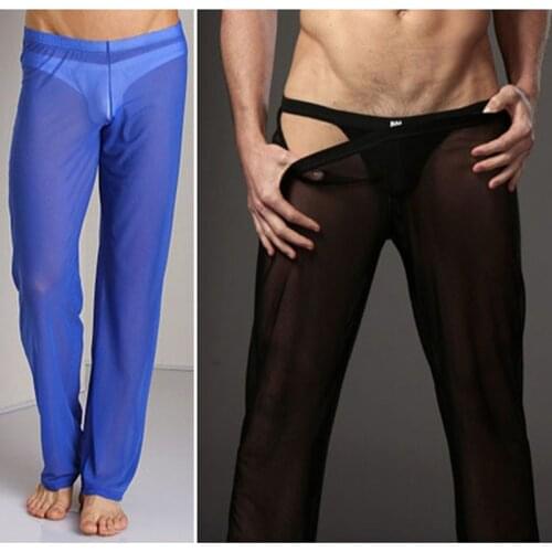 Men Home Pants Low Waist See Through Transparent Loose Slippery Pajama Pants Male Loungewear Sexy Lingerie Gay Wear