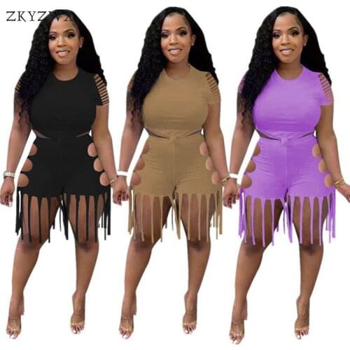ZKYZWX Sexy Hollow Out Solid Two Piece Outfits for 2021 Trendy Tassel Summer Women Short Sleeve T Shirt and Shorts Matching Sets