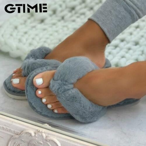 Warm Fluffy Slippers Women Cozy Faux Fur Cross Indoor Floor Slides Flat Soft Furry Shoes Ladies Female Celebrities Flip Flops