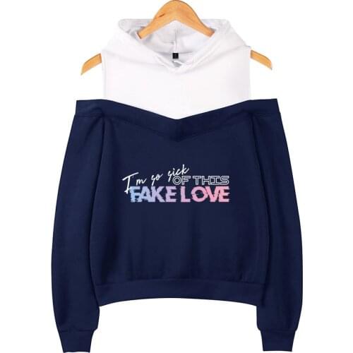 Harajuku Bangtan Boys Fake Love Off-shoulder Hoodies Womens Fashion Sweatshirt Print Fake Love Hip Hop Hoodie Pullover Hooded