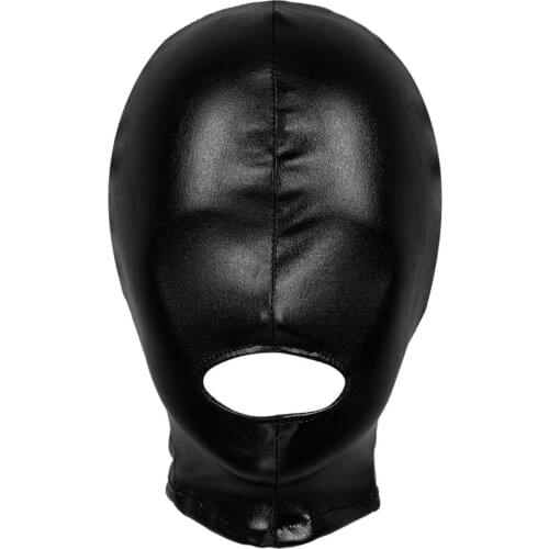 Unisex Mens Women Sexy Cosplay Face Mask Latex Shiny Metallic Open Mouth Hole Headgear Full Face Mask Hood for Role Play Costume