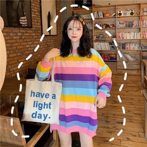 2021 Spring Summer Long t-Shirt Woman Korean Fashio Rainbow Stripes Korean Fashion Long-Sleeved Kawaii Best Friend Clothes