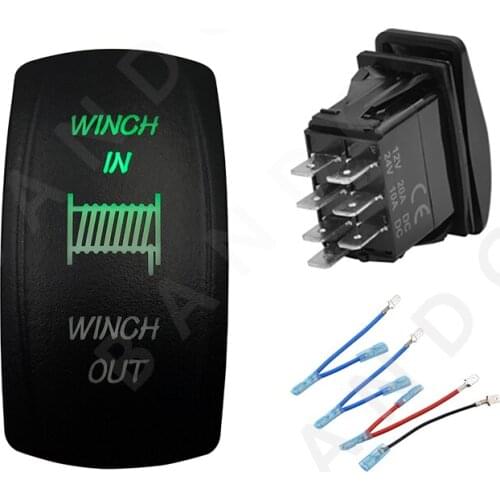 WINCH IN OUT 7P (ON)-OFF-(ON) DPDT Green LED Light Laser-Etched Rocker Switch for Car Boat Marine Yacht，Jumper Wires Set