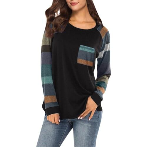 40#Women T Shirt Stripe Sleeve Patchwork Pocket Casual Top T-Shirt Loose O Neck Long Sleeve Pullover Tee Tops женские футболки