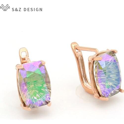 S&Z DESIGN New Fashion Unique Square Crystal Dangle Earrings 585 Rose Gold For Women Wedding Jewelry Girl Party Accessories