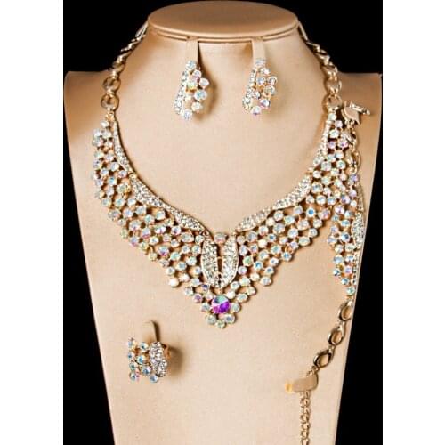 LAN PALACE new colorfast glass stone ladies copper alloy jewellery set earrings necklace ring bracelet free shipping