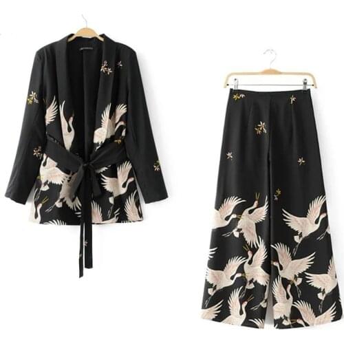 Womens suit New Women Vintage Clothing Sets Crane Printed Blazer Wide Leg Retro Pant Female Bird Printed Outfit Pant Suits