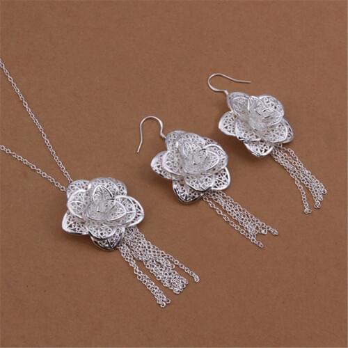 High quality silver color jewelry set fashion women Refined elegant hollow big flowers pendant necklace Dangle Earrings S440