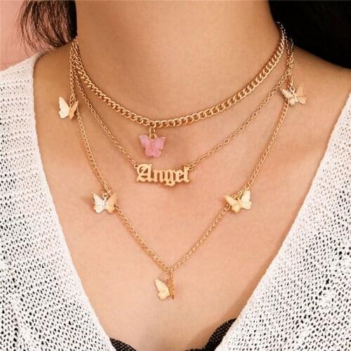 Modyle Fashion Layered Necklace Female Acrylic Butterfly Double Layer Letter Alphabet Angel Pendant Necklace Jewelry For Women
