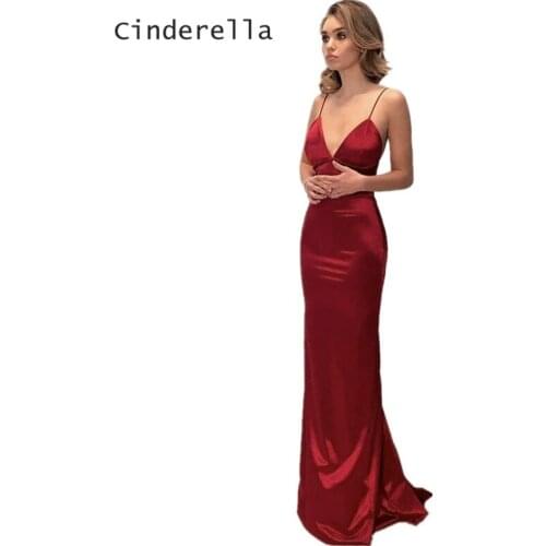 Cinderella Hot Dark Red Backless Spaghetti Straps Evening Gown Sleeveless Mermaid Silk Satin Evening Dresses Party Evening Dress