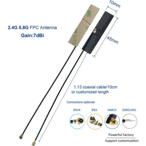 Factory wholesale Ipex 5g antenna 7dbi 2.4g 5.8g FPC antenna with 1.13 coaxial cable 10PCS / batch