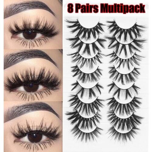 8 Pairs 3D Mink False Eyelashes Mixed Style 100% Mink Hair Wispies Criss-cross Fluffy Eyelashes Volume Handmade Cruelty-free