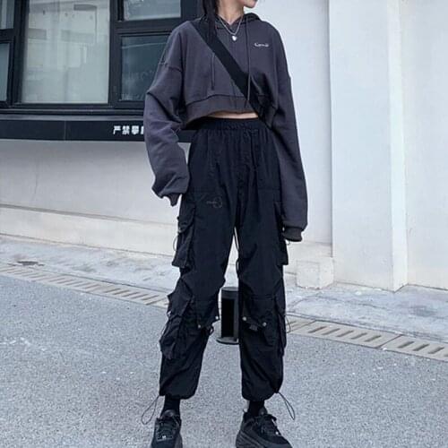 Gothic Women Hip Hop Cargo Pants Harem Pants Fashion Punk Pockets Jogger Trousers Chain Harajuku Elastic High Waist Streetwear