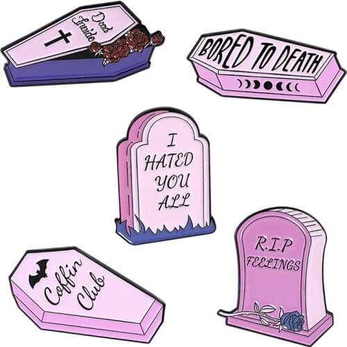 Dead Inside Enamel Pins Purple Coffin Tombstone Brooches Women Men Lapel Badges Backpack Collar Fashion Jewelry Gifts For Kids