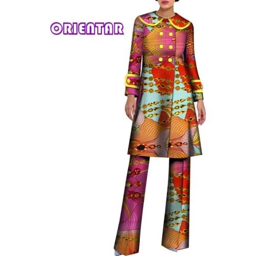 2 Pieces Set Women African Suits Pants Set Women African Print Cotton Long Top and Pants Bazin Riche African Clothing WY6690