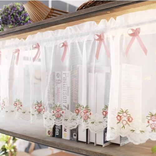 Kitchen Curtain White Tulle Curtain Floral Emboridery Sheer Curtain for Coffee Door Pastoral Valance Sheer Curtains Window Decor