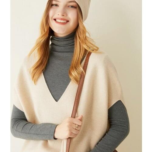 LONGMING New Women Sweater Vest 100% Cashmere Autumn Knitted Vest V-Neck Warm Loose Wool Vest Sleeveless Solid Knit Top Pullover