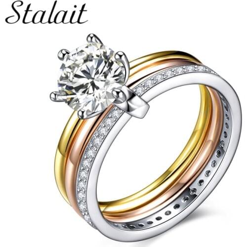 Multilayer Cubic Zirconia Set of Three Bands Rings Genuine Stainless Steel Tri-color Gold Color Circles Ring Jewelry For Women