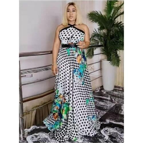 Fashion 2021 Sleeveless African Dresses for Women Sexy Dashiki Dot Print Long Robe Halter Ladies Africaine Clothing