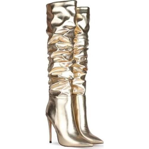 Fashion Bright Color Stiletto High-heeled Long Boots For Stage Performances Plus Size Pleated Gold Knee High Boots Shoes Woman
