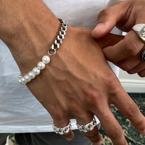 2021 Hot Trendy Beads Chain Men Bracelet Imitation Pearl Bead Stainless Steel Cuban Chain Bracelet For Men Jewelry Gift