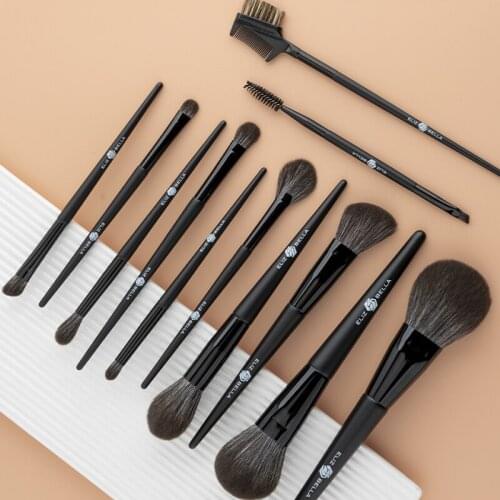 Eliz Bella Classic Black Wood Handle 12pcs Makeup Brush Set,100% Vegan Nylon Hair
