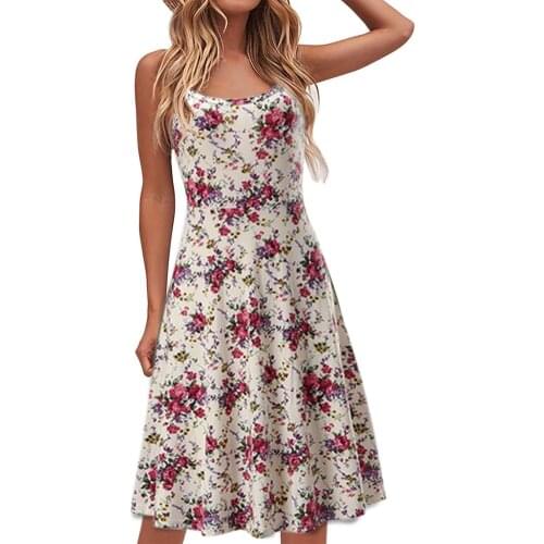 2021 New Floral Print Womens Dresses Vintage Casual Kenn-Length Slinky Suspenders Vestidos Strap Open Back Sexy Print Dress
